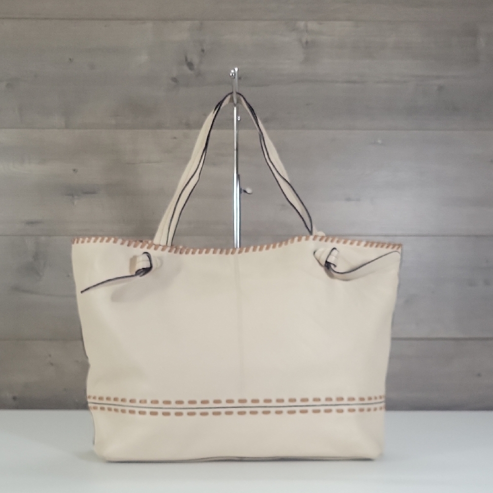 Cole Haan Cream Pebble Leather Tote Bag with Brown Contrast Stitching